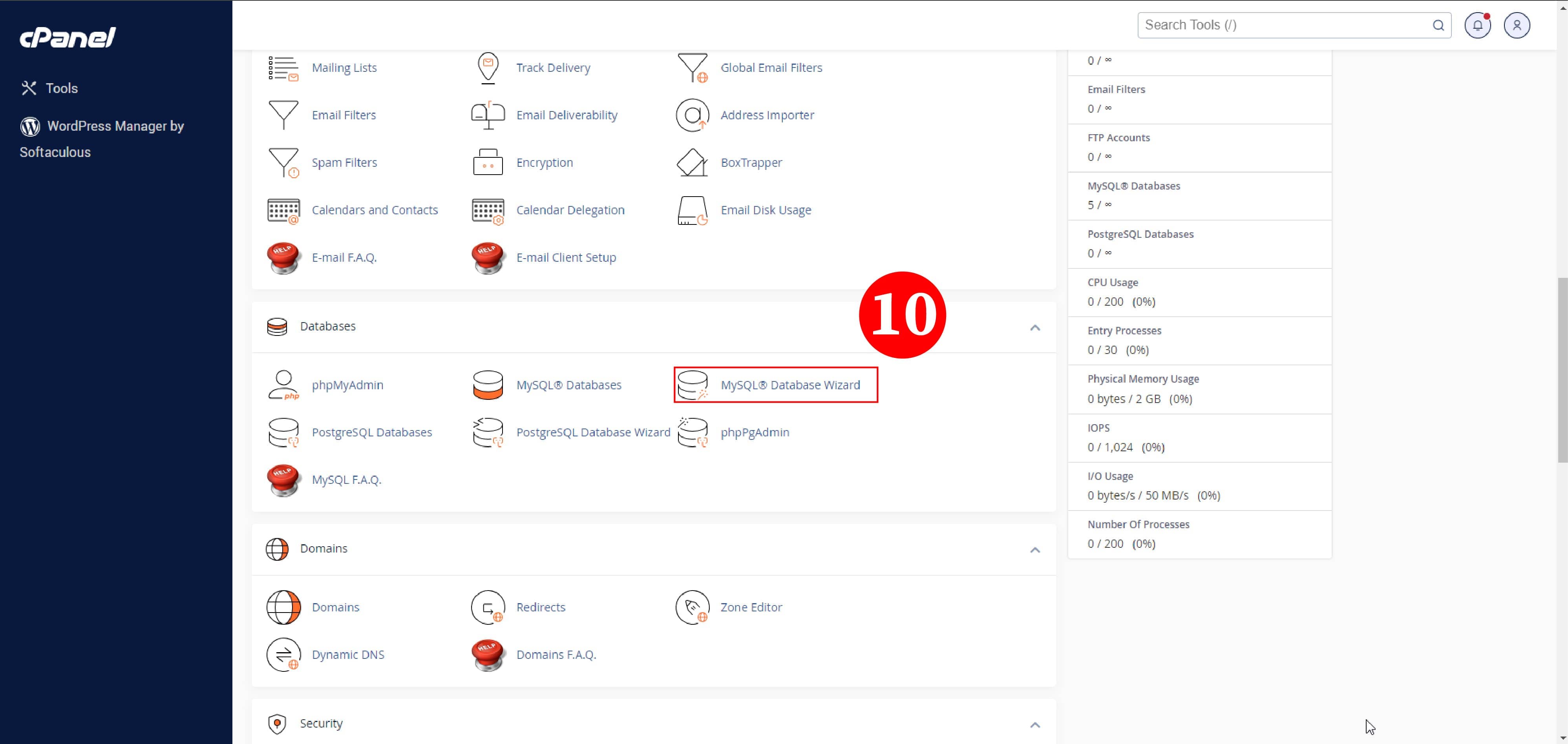Open MySQL Database Wizard in cPanel